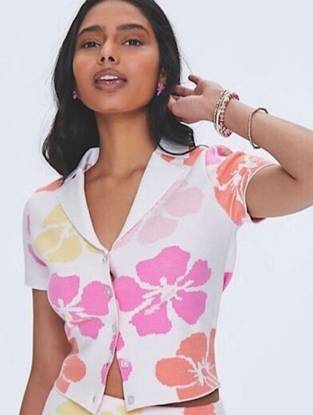 Forever 21 Y2K Retro Floral Knit Crop Top Coastal Cardigan Front Button, Size M